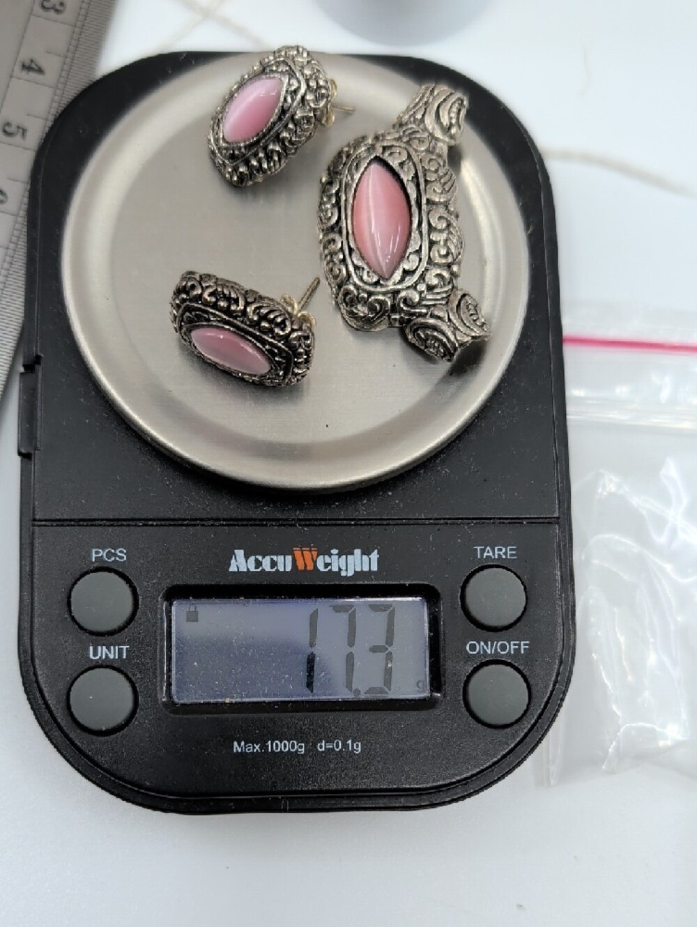 Vintage Silver Tone Pink Cat's Eye Pendant & Earring Set Demi Parure - Picture 10 of 17